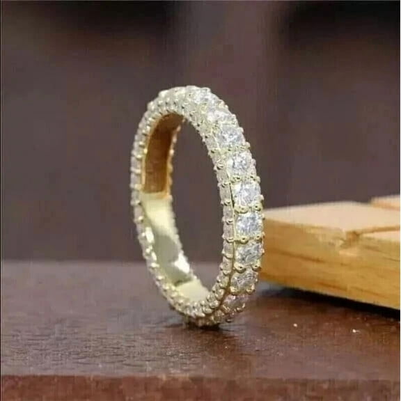 2Ct Round Cut Real Moissanite 14k Yellow Gold Plated Eternity Wedding Band Ring