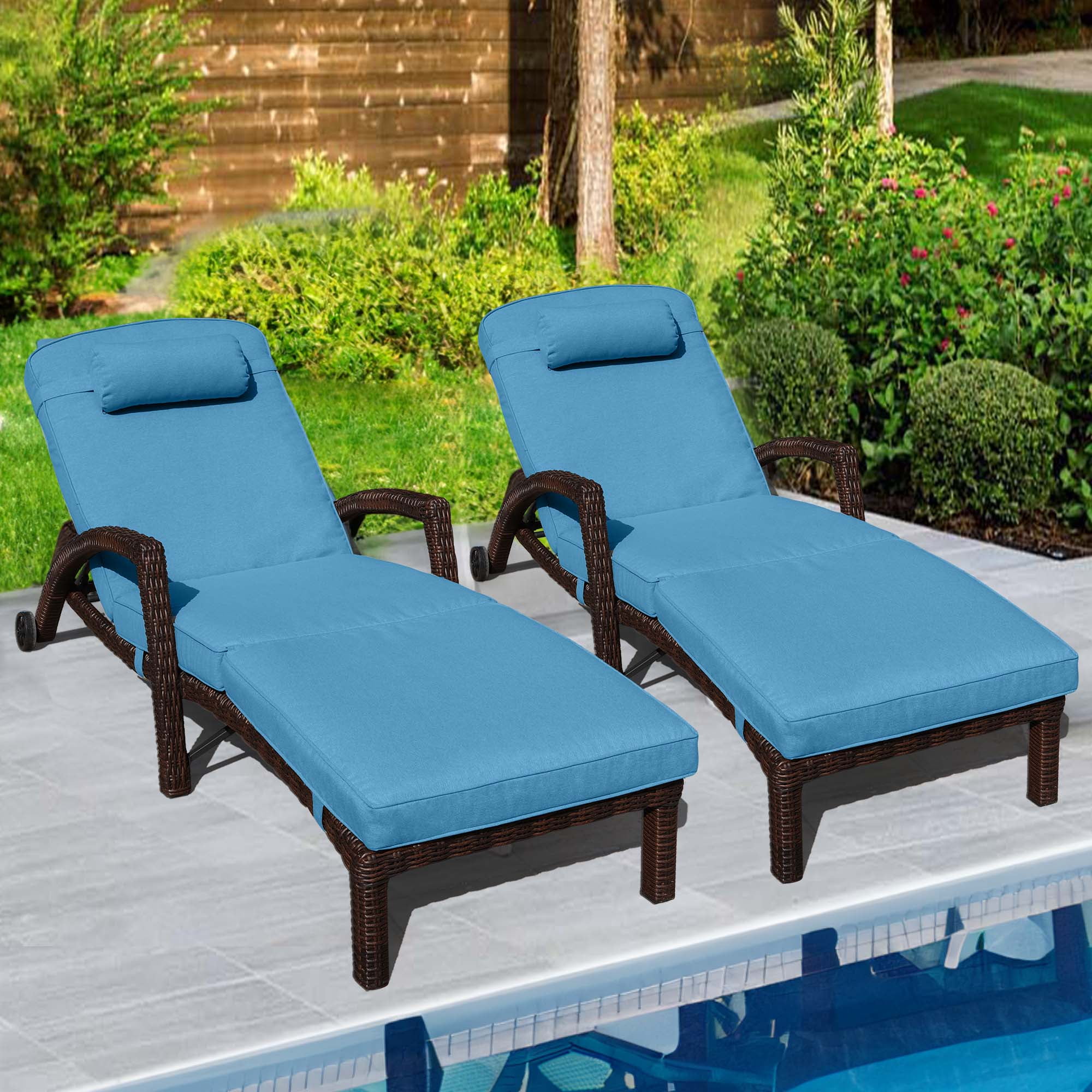 NOBLEMOOD Outdoor Chaise Lounge Set of 2, Blue Wicker Patio Lounge