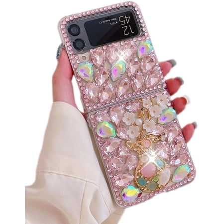 for Samsung Galaxy Z Flip 3 Glitter Bling Case Cute Luxury 3D Crystal Rhinestone Diamond Flowers Sparkle Stunning Stones Pearl Soft TPU Back Cover Case for Women Girls with Galaxy Z Flip 3