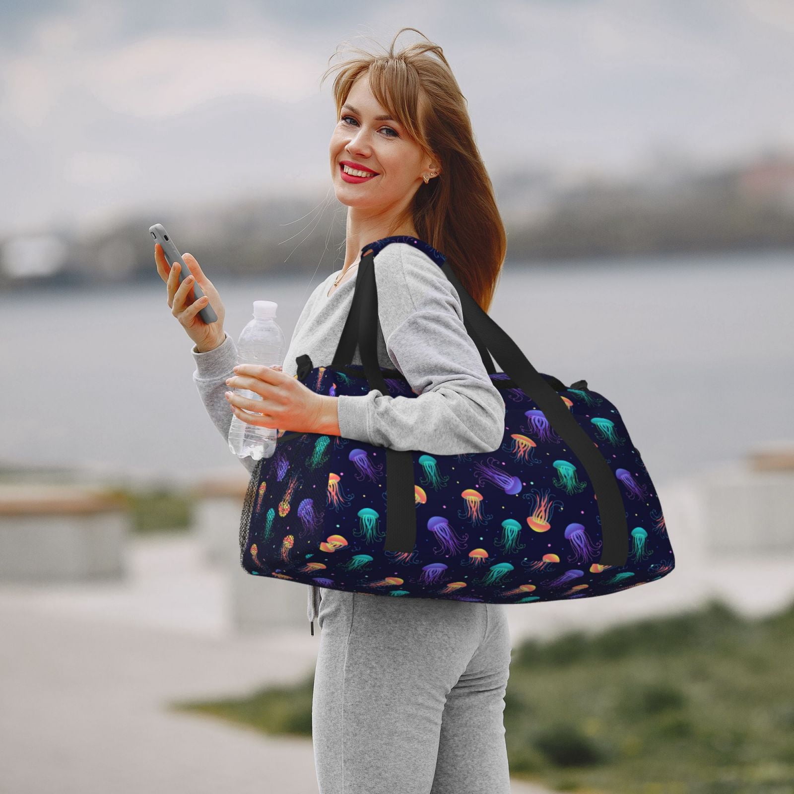 Fuzoiu Sea Jellyfish Print Travel Duffle Bag,Carry On Tote Bags,Duffel Bag,Sport Gym Bag, Hospital Bag for Labor and Delivery, Overnight Bag,Luggage Bag