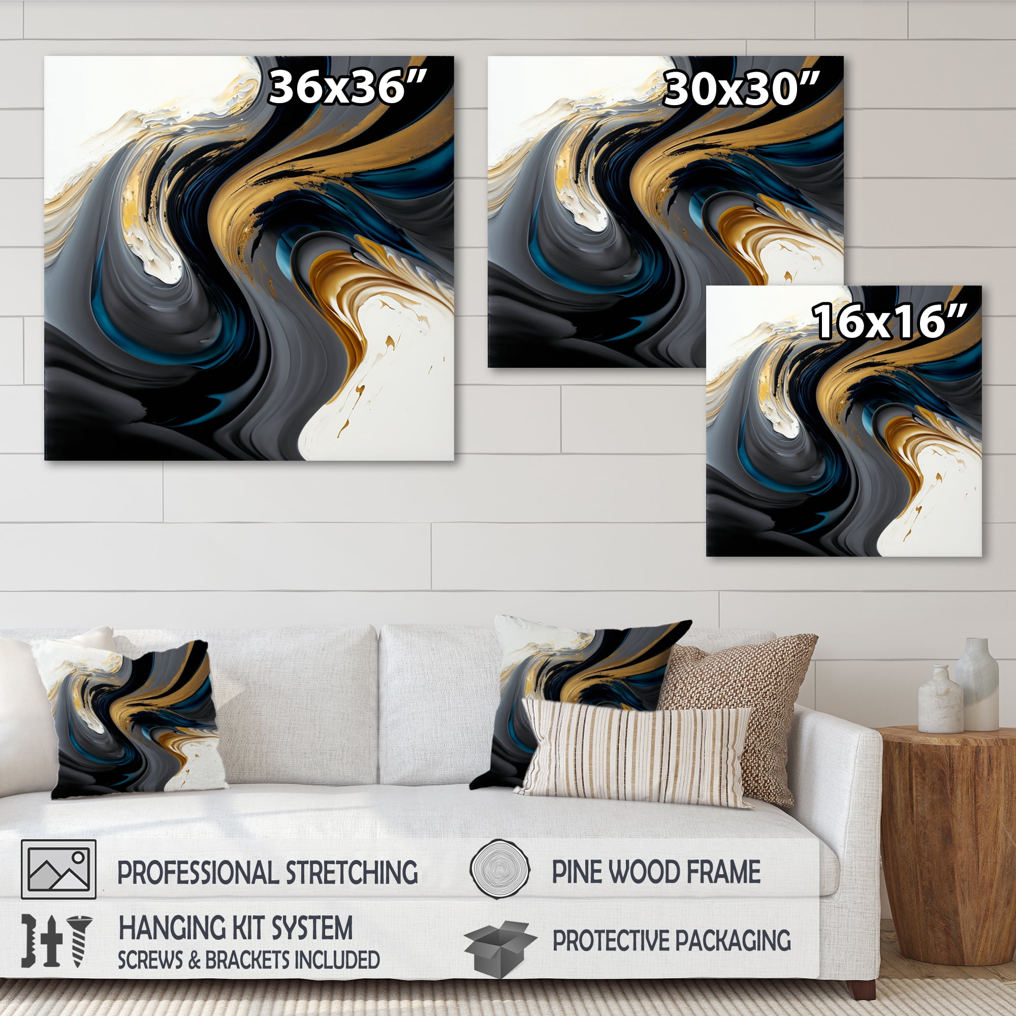 Designart Black, White And Gold Liquid Art IV Canvas Wall Art