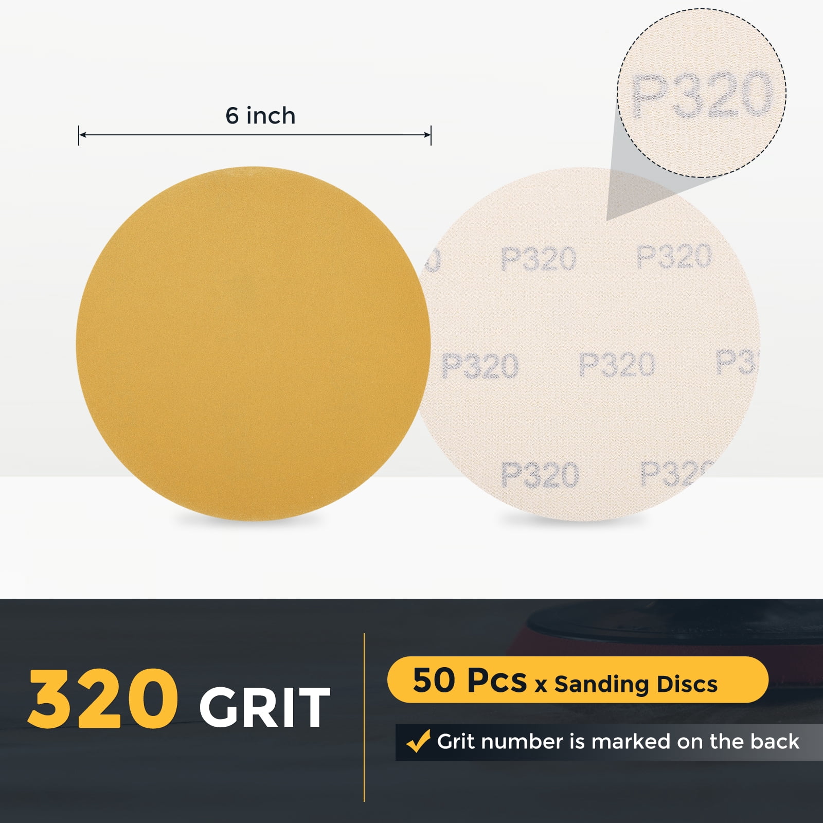 50 Pcs 6 Inch Sanding Disc 320 Grit Hook and Loop Sandpaper Random Orbital Sander Pads for Woodworking Automotive, Gold