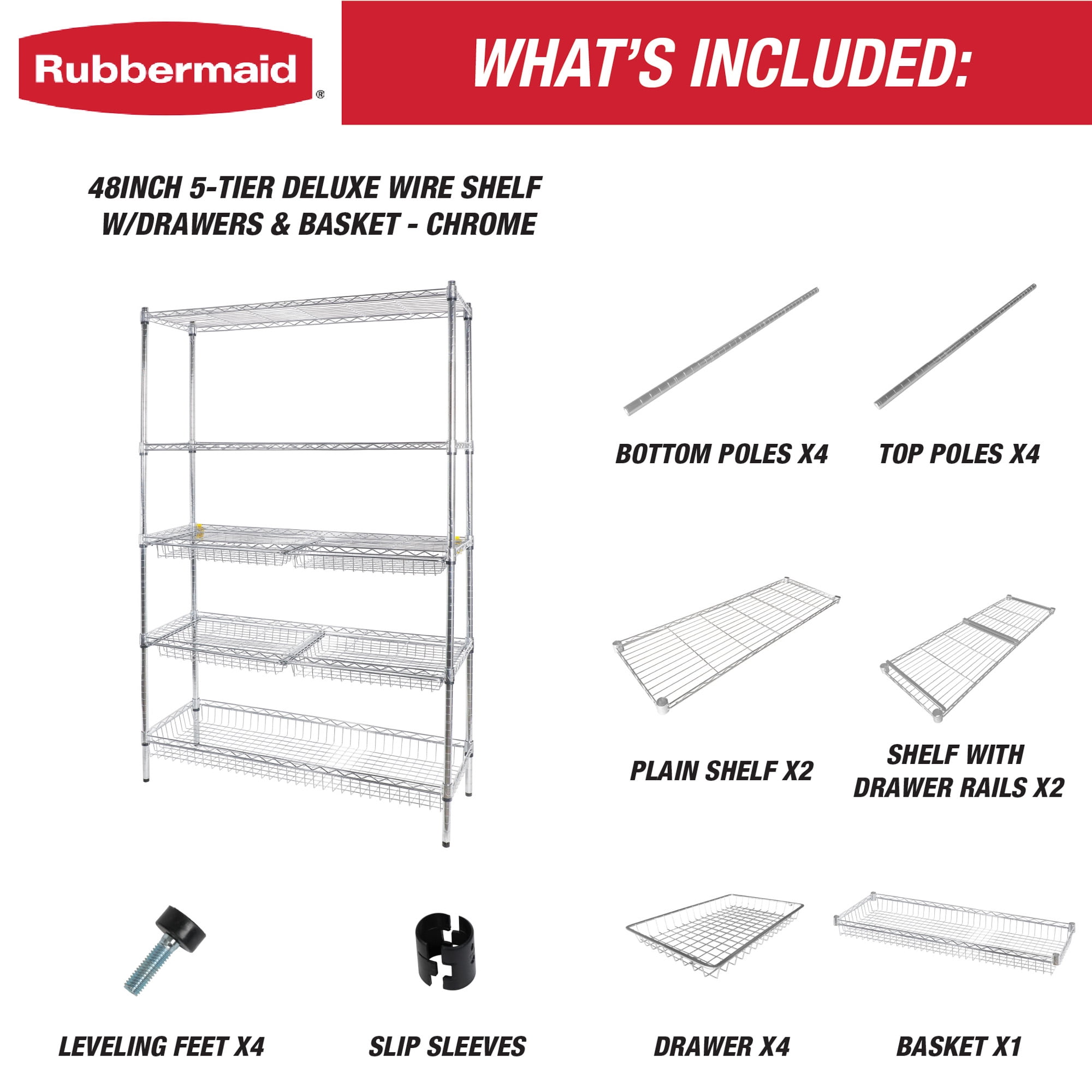 Rubbermaid 5-Tier Deluxe Heavy Duty Chrome Wire Shelving Unit with Drawers & Basket, 1520lb Capacity