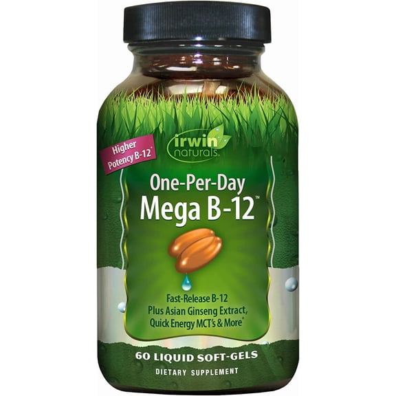 Irwin Naturals One-Per-Day Mega B-12 1,500mcg High Potency Methylcobalamin Vitamin - Fast Enhanced Absorption with MCT   Asian Ginseng - Natural Energy Boost - 60 Liquid Softgels