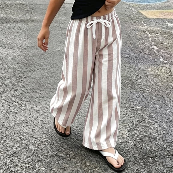 CAIVO Child Girls Summer Casual Vertical Bottom Pants Flared Wide Leg Trousers Kids Breathable Lightweight Leisure Solid Color Streetwear