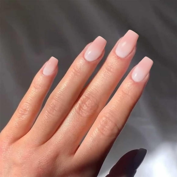 TRAHOO-Ombre From Pearly White to Pink Press on Nails Medium coffin, Soft Gel Natural Nude Fake Nails Acrylic Customize Nails|UV Finish Medium Square Neutral Reusable Glue on Nails