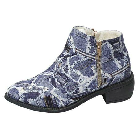 GHSOHS Boots for Women Pull on Combat Boots Ankle Booties Shoes Cowgirl Boots Denim Zipper Women s Boots for Fall New Pattern Thick Heel High Soft Sole Short Boots Western Cowgirl Boots Size 37