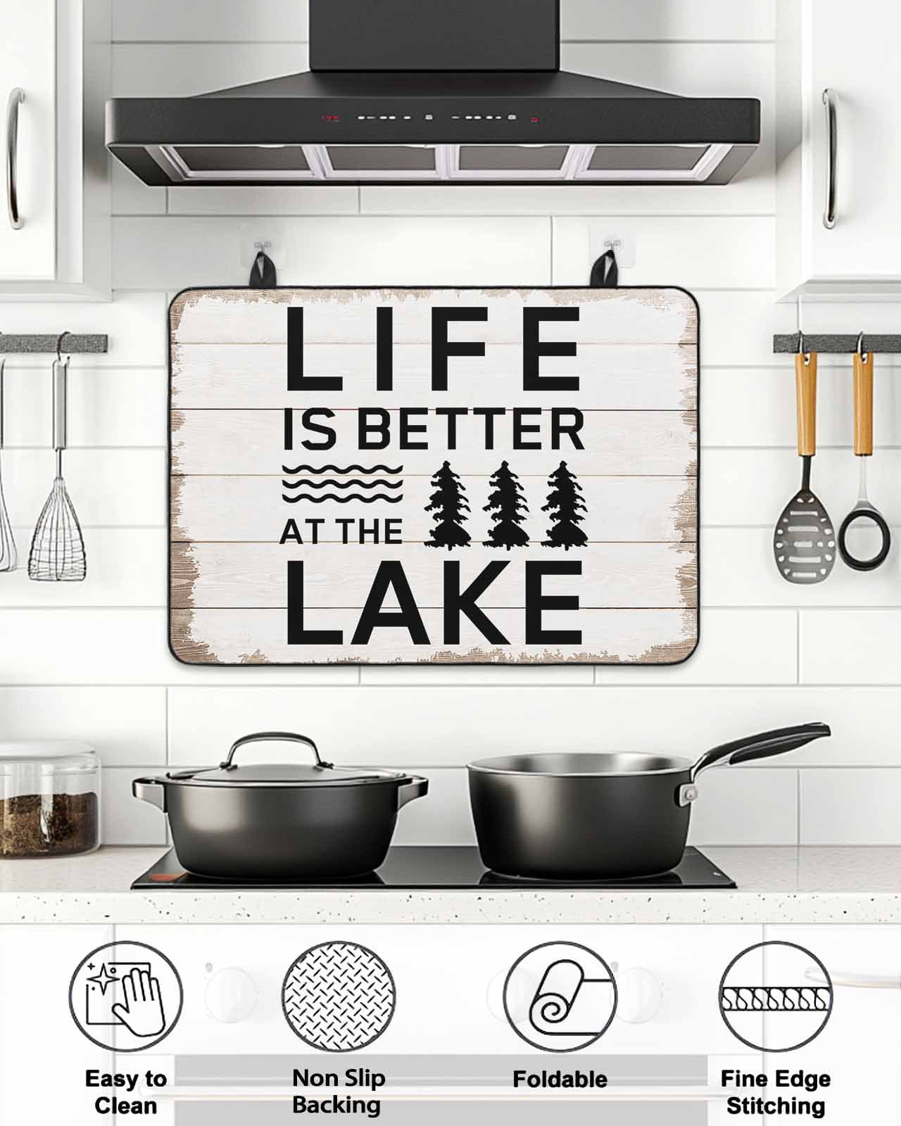 Stove Top Covers for Electric Stove, Life Is Better at The Lake Glass Stovetop Cover Protector, Rustic Black Artistic Aesthetics Induction Cooktop Protector Oven Mat for Kitchen Countertop 24"x21"