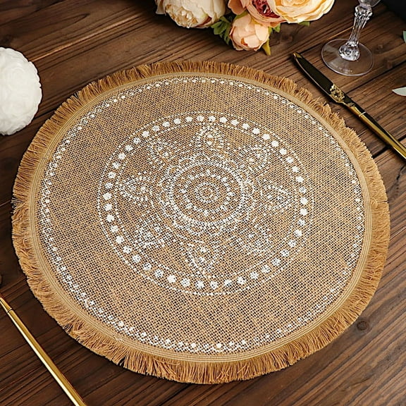 BalsaCircle 4 Natural 15 in Round Burlap Jute Placemats White Prints Fringe Tassel Trim Party Events Decorations