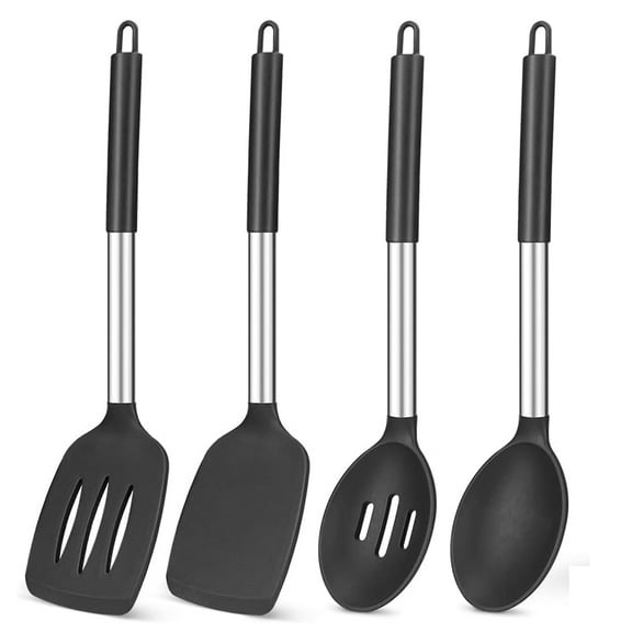 GoXteam Silicone Turner Spatula Set, 4 Pack Slotted Spatula and Kitchen Spoons for Cooking Baking, Heat Resistant BPA Free Black Silicone Utensils for Nonstick Cookware Mixing