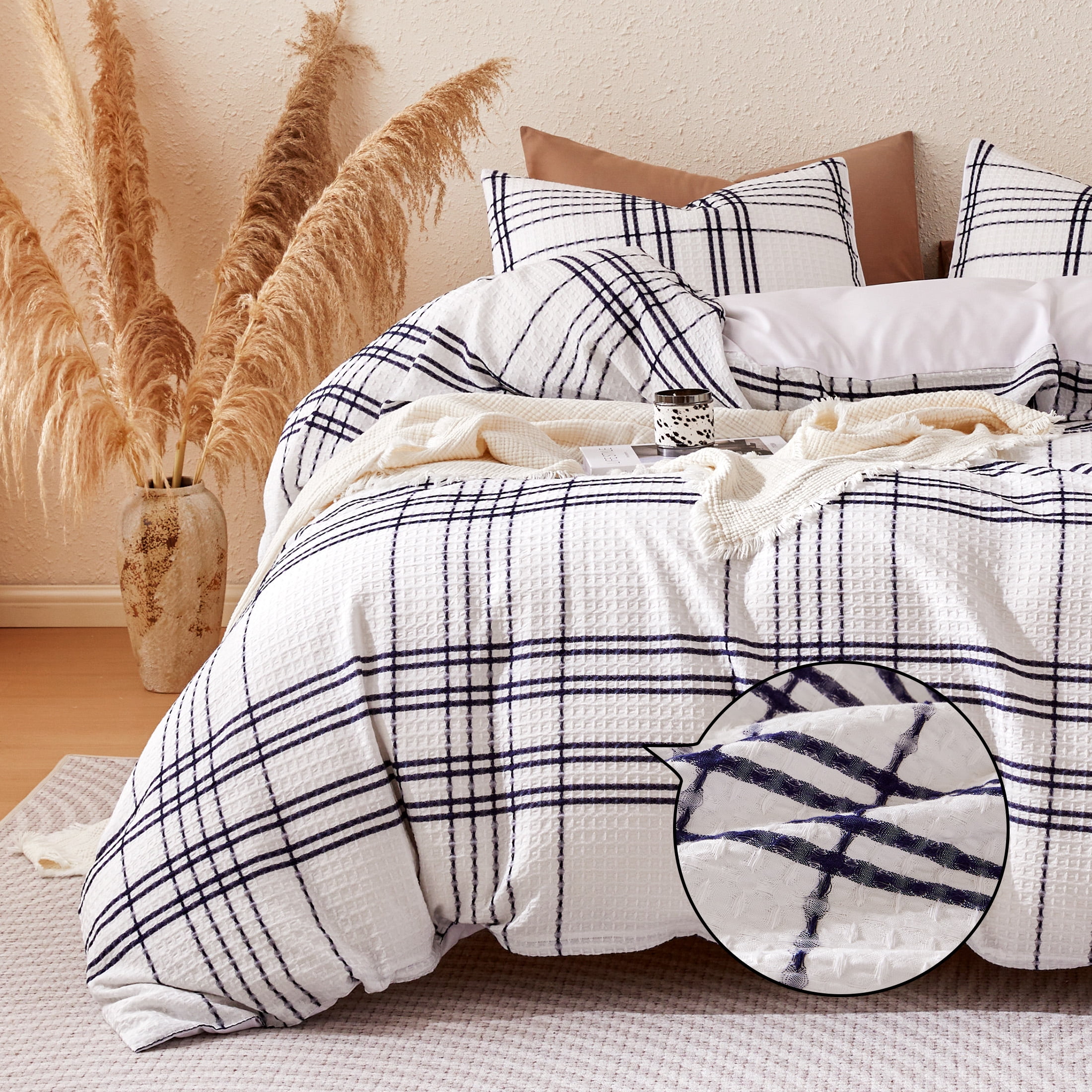 Sonive Waffle Duvet Cover Set Blue Grid, 3 Pieces Modern Pattern Waffle Weave with Pillow Sham, Full