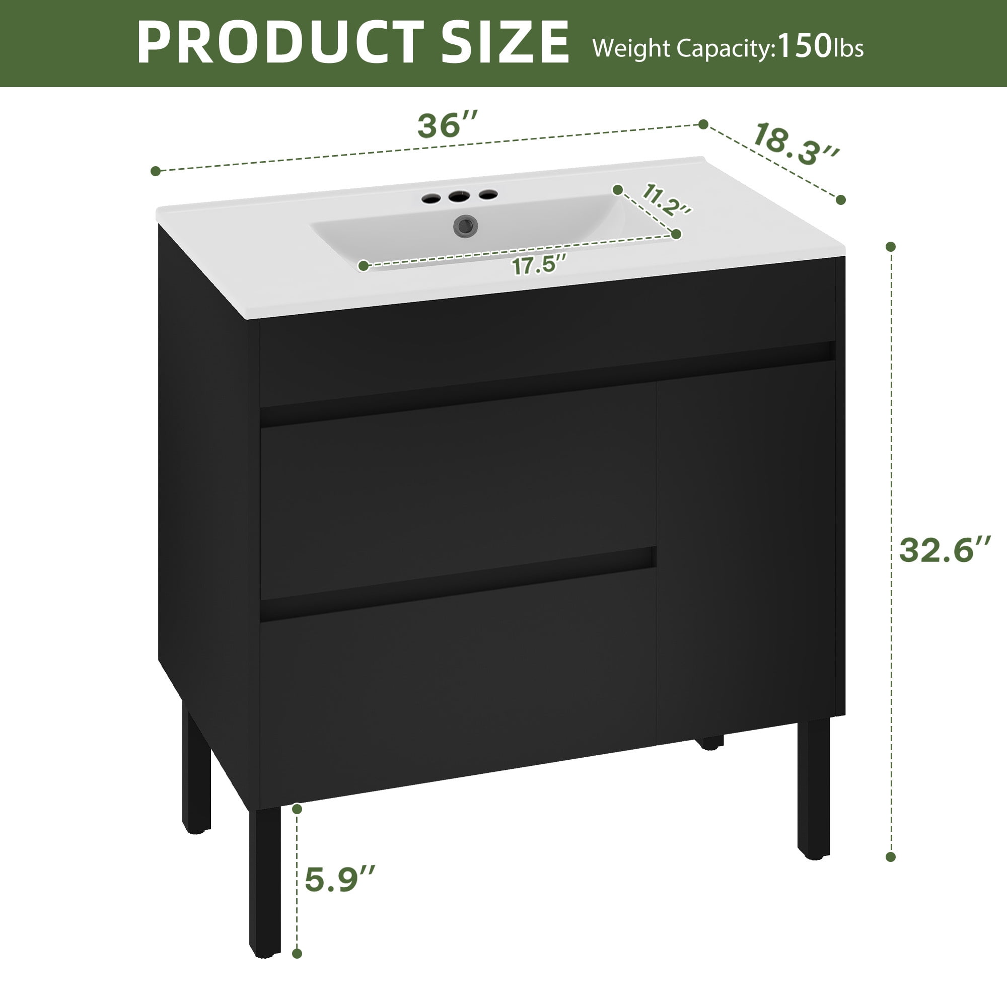 Uforic 36 Inch Bathroom Vanity with Sink, Freestanding Storage Bathroom Vanity for Media Space, with 1 Soft Closing Cabinet & 2 Drawers, Black, Mid-Century Modern