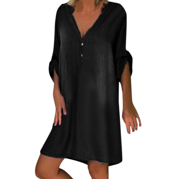 fartey Denim Dress for Women Casual Short Sleeved Jean Dresses With 3 Snaps Split V Neck Mini Sundresses Lounge Loose Comfort Retro Western Denim Dresses