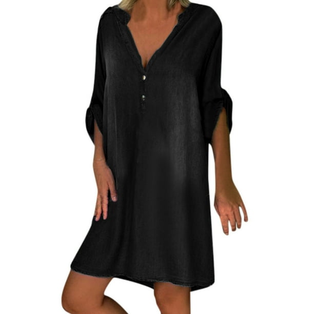 Moda mujer Casual Sexy cuello en V vestidos sólidos verano manga corta pulóver vestido de mezclilla Fridja bnh5178