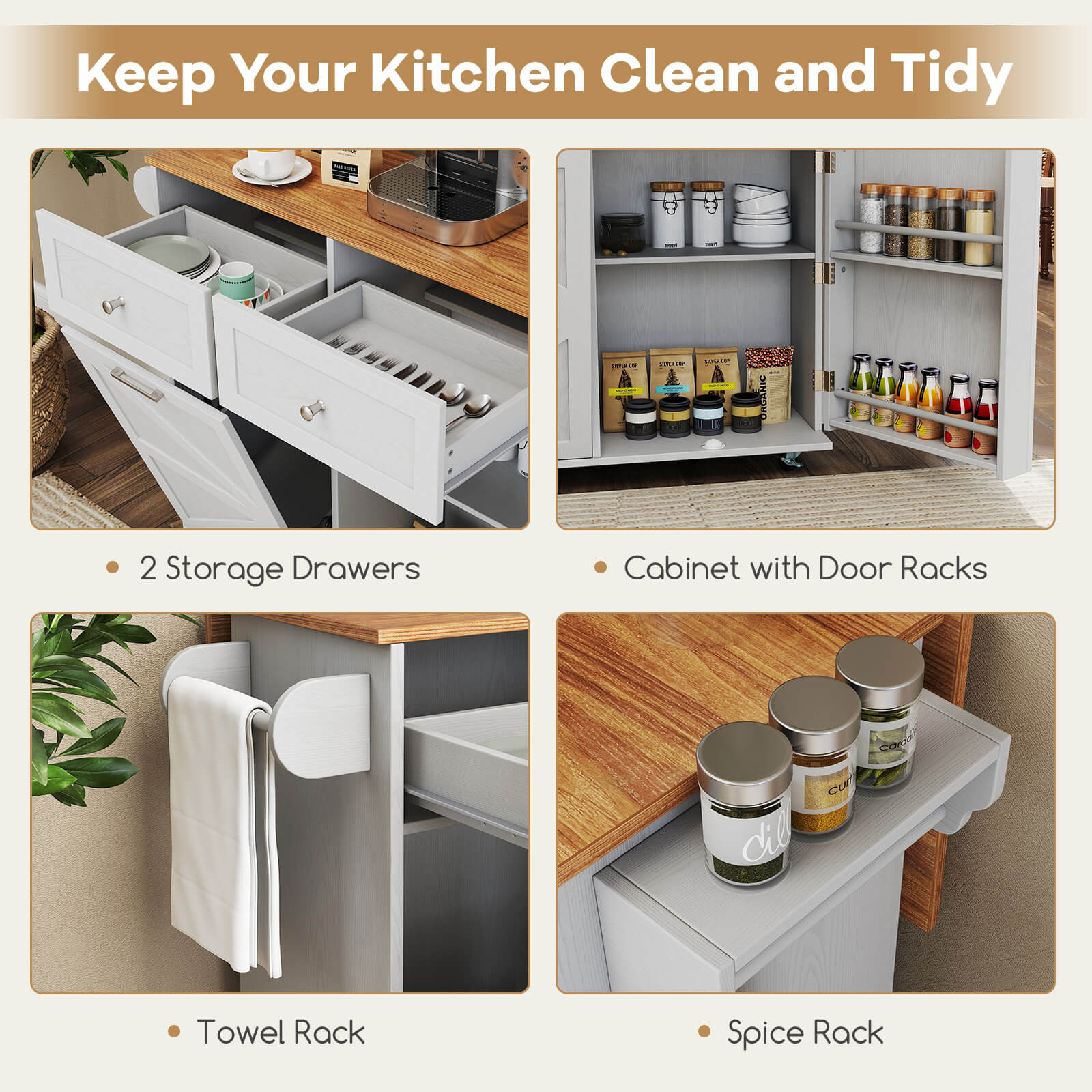 Costway Rolling Kitchen Island Kitchen Island Cart with Drop Leaf Trash Can Cabinet Gray