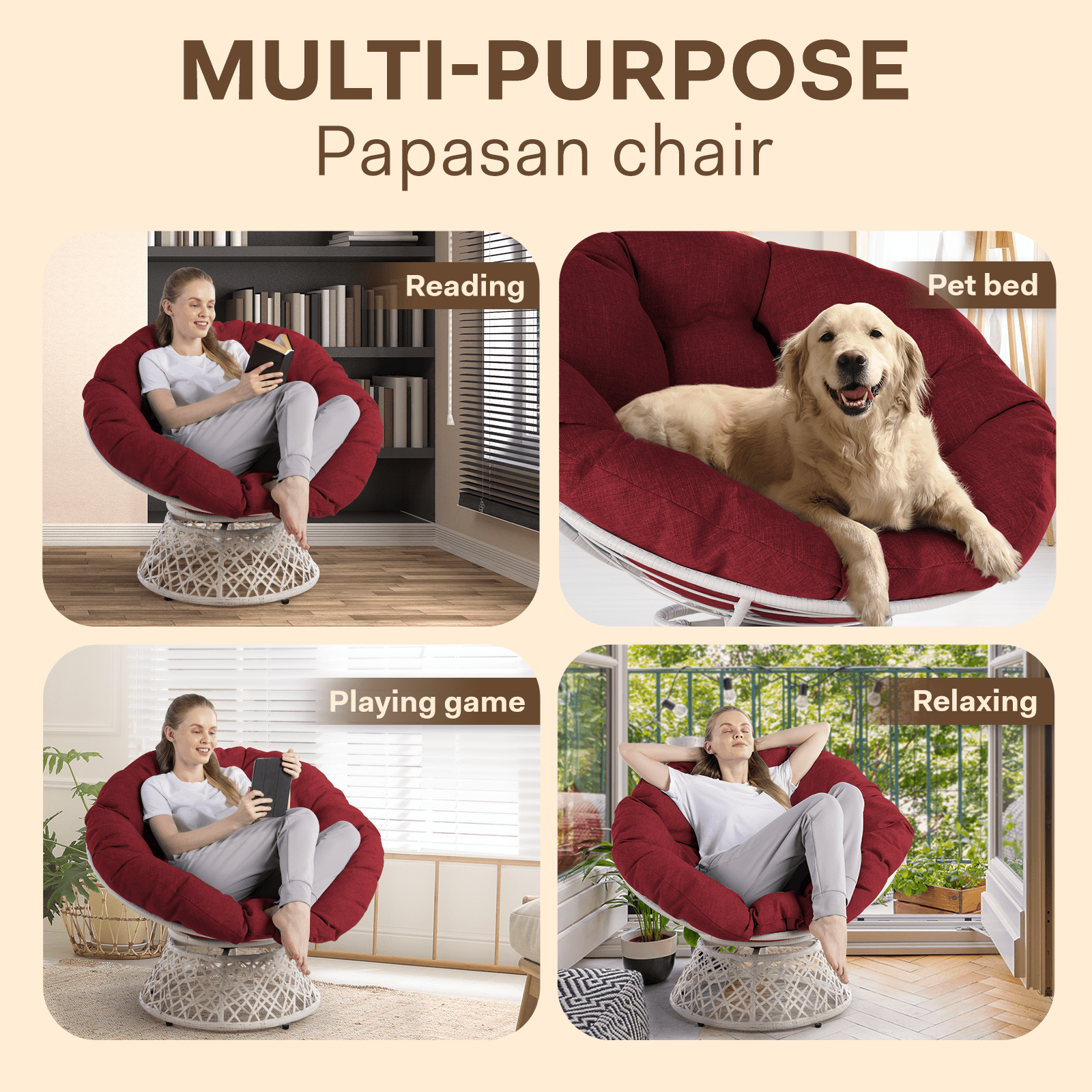 Aile 360 Swivel Comfy Papasan Chair with Fabric Cushion, Sturdy Metal Frame (graphite Stone - Brown Frame)