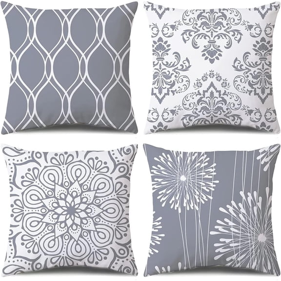 Decorative Throw Pillow Covers 16x16 Set of 4, Gray and White Modern Simple Square Pillow Case Cushion Cover for Sofa Couch Farmhouse Outdoor Living Room (Gray and White, 16"x16")