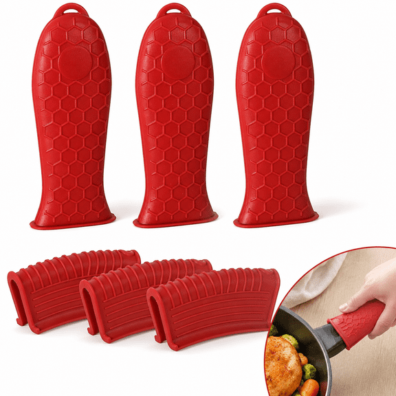 Cast Iron Handle Covers 6 Pack - Heat Resistant Silicone Pot Handle Holder, Non-Slip Pan Handle Sleeve for Cast Iron Skillet and Pots, Honeycomb Design, Wine