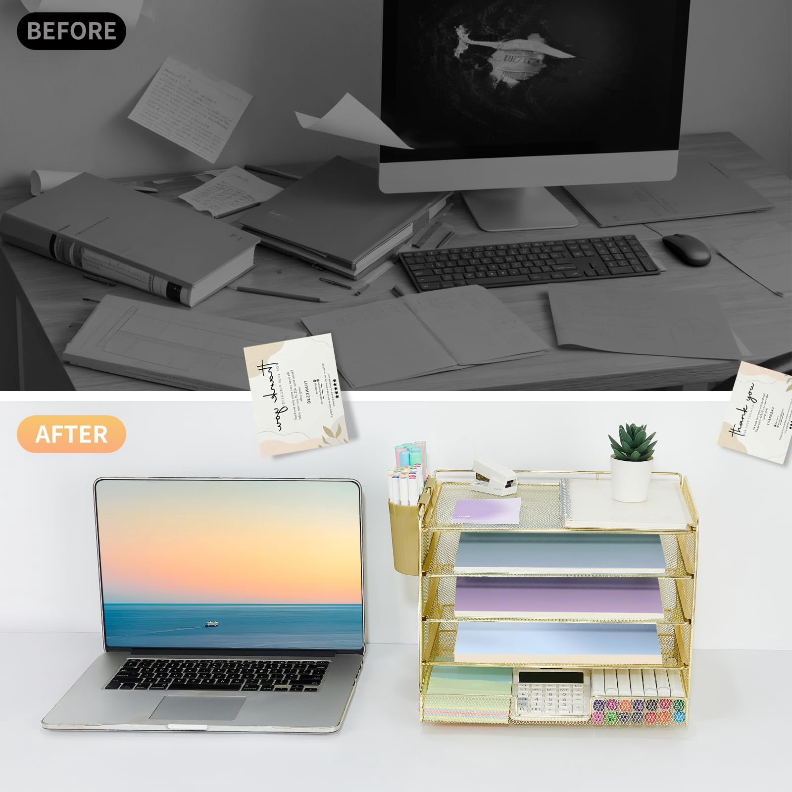 Desk Organizers And Accessories  5-tier Paper Letter Tray Organizer With Drawer & 2 Pen Holders Desktop For Office Supplies (gold)