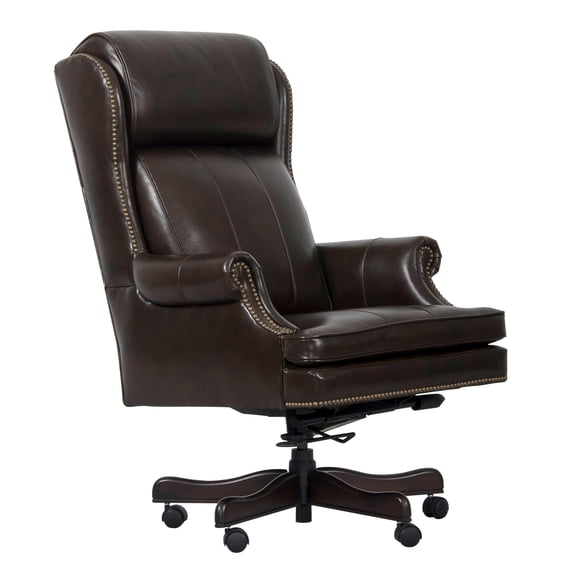 Pemberly Row 51" Transitional Leather Swivel Desk Chair in Pacific Brown