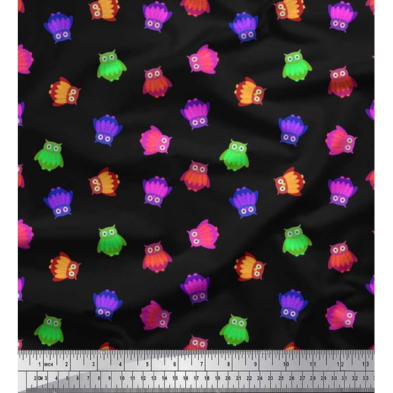 Soimoi Poly Georgette Fabric Colorful Owls Cartoon Decor Fabric Printed Yard 52 Inch Wide