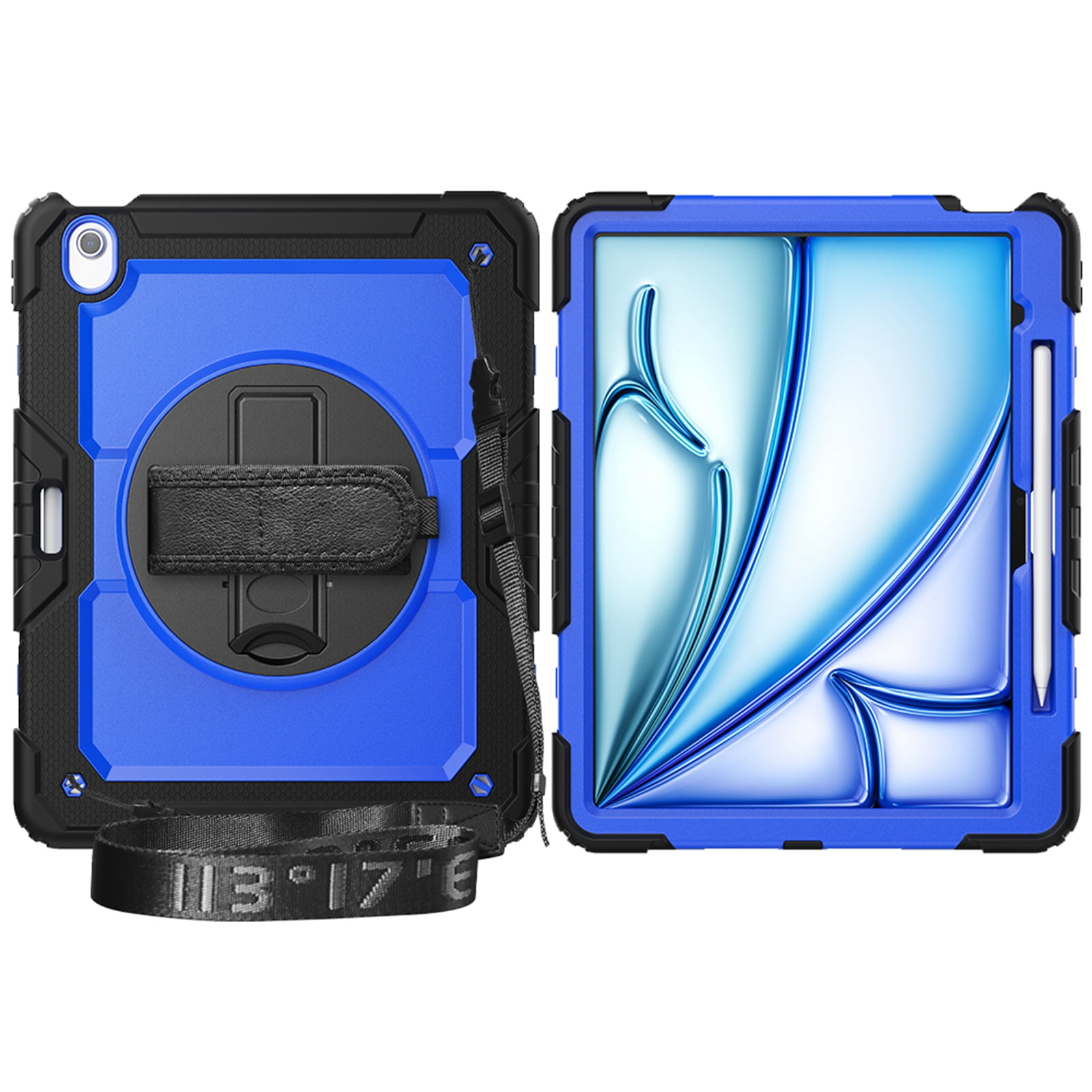 Dteck Full Body Case for iPad Air 13 inch 2025/2024,Shockproof 3-Layer Protection Case with Screen Protector 360° Rotating Stand Built-in Pencil Holder Cover with Hand/Shoulder Strap,Blue+Black