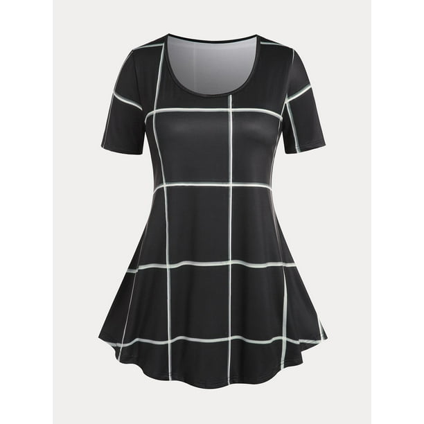 Camiseta en Talla Extra con Estampado de Cuadricula Rosegal Camisetas tallas grandes
