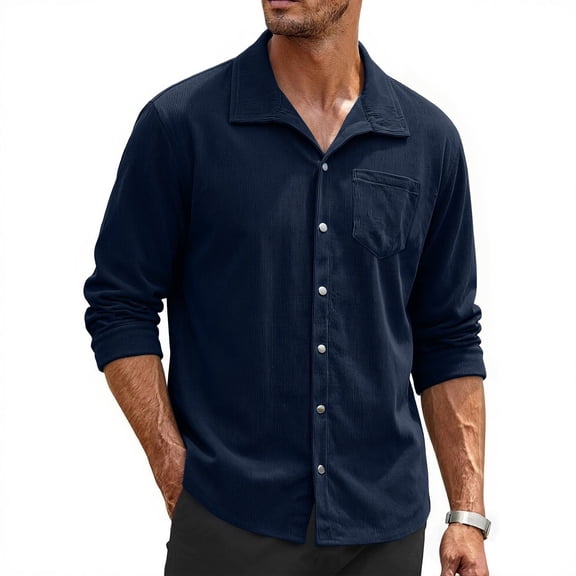 Dpjklzsn Men's Corduroy Button Front Overshirt with Point Collar and Chest Pocket