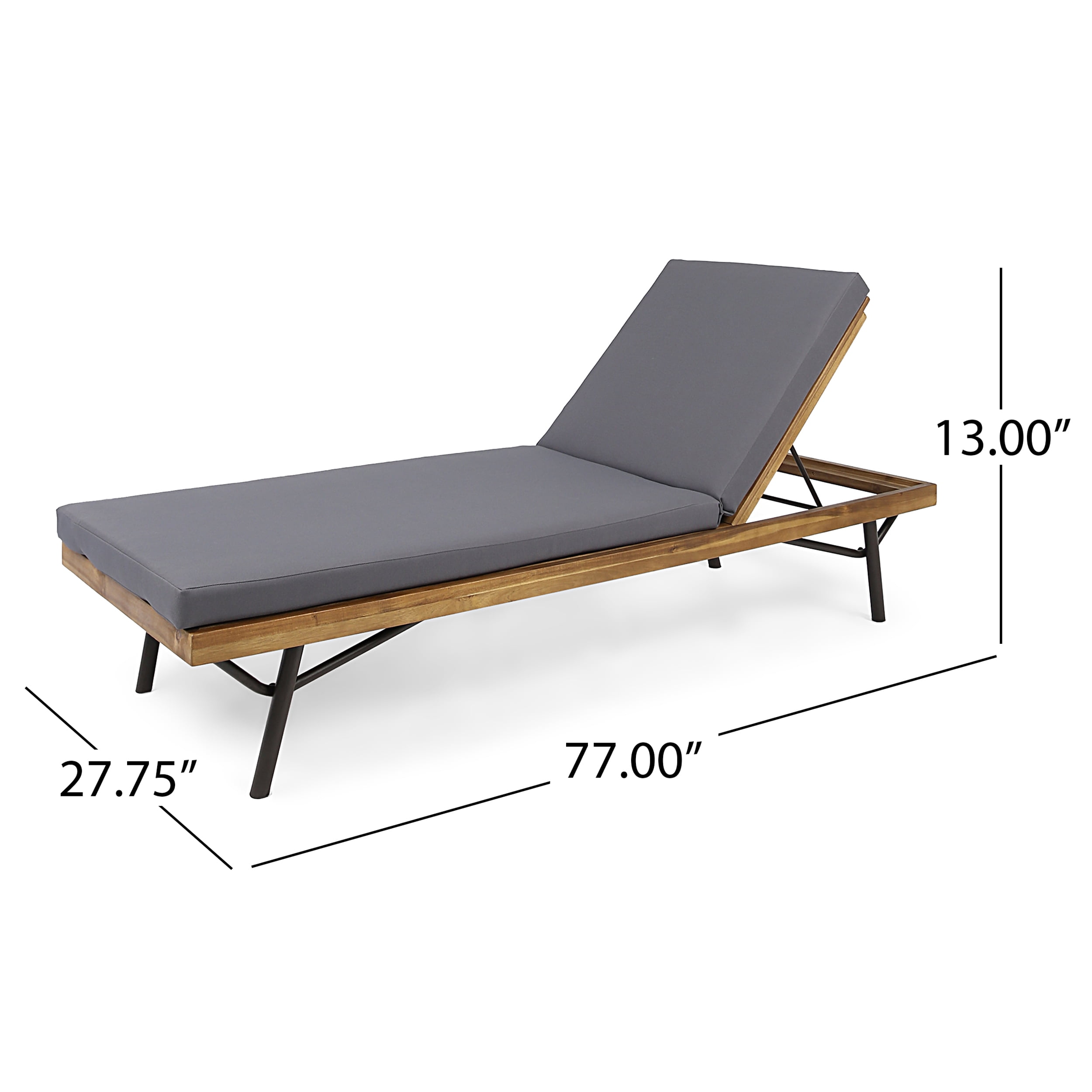 Marc Outdoor Acacia and Eucalyptus Wood Chaise Lounges with Cushions, Set of 2, Teak, Dark Gray, Rustic Metal