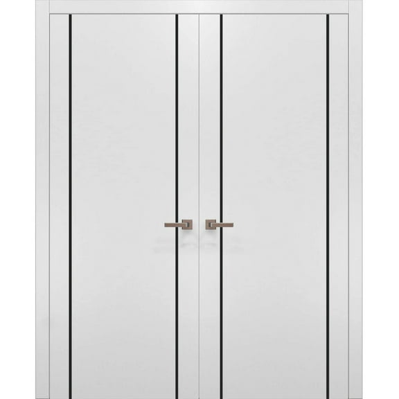 Solid French Double Doors 36 x 80 inches | Planum 0016 White Silk with Frosted Glass | Wood Solid Panel Frame Trims | Closet Bedroom Sturdy Doors