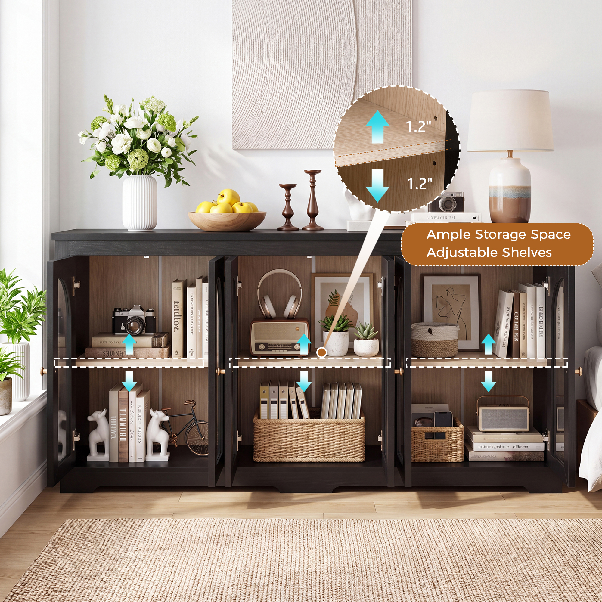 HOQBN 68" Modern Arched Glass Sideboard with 6 Doors, Buffet Cabinet with Storage and Adjustable Shelves, Large Credenza for Living Room,Kitchen,Entryway,Black