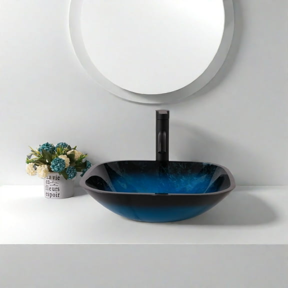 Bathroom Vanity Bathroom Artistic Tempered Glass Vessel Bathroom Sink with Faucet and Pop-up Drain, Blue,Vanity With Sink