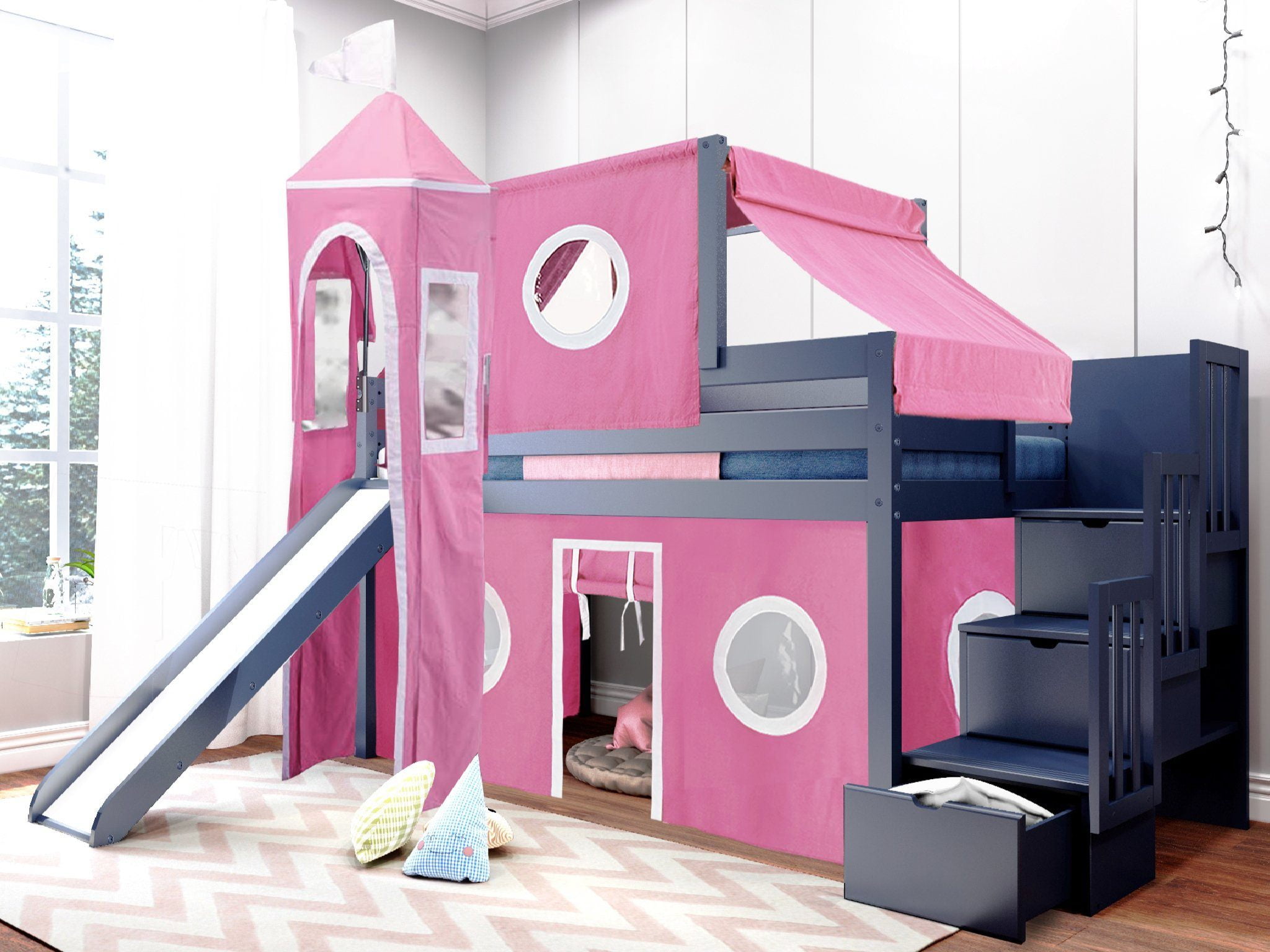 Jackpot Princess Low Loft Stairway Bed With Slide Pink And White Tent
