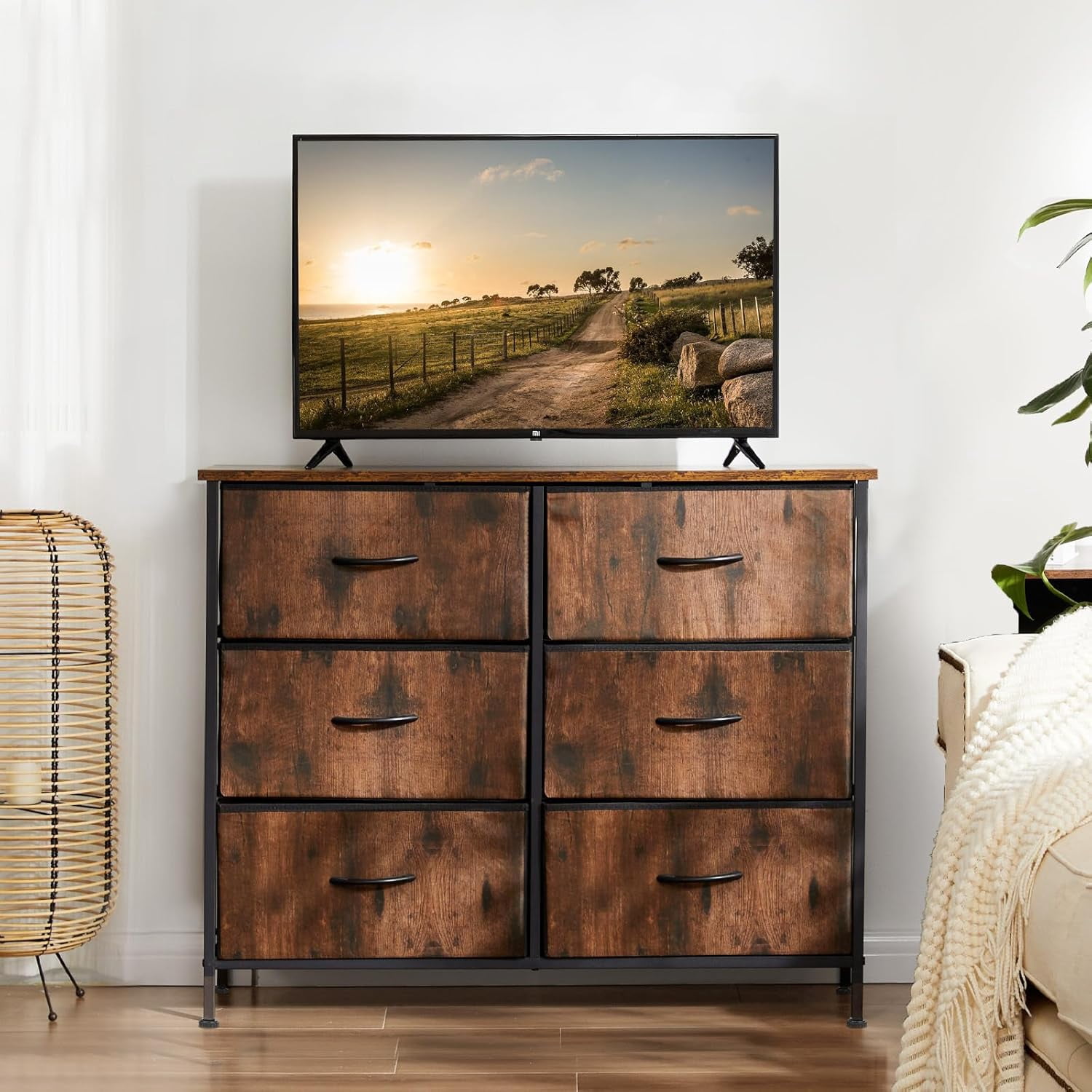 【Holiday Ready】6-Drawer TV Stand & Dresser, Multifunctional Furniture with Fabric Storage for Living Room, Bedroom, Rusty Brown