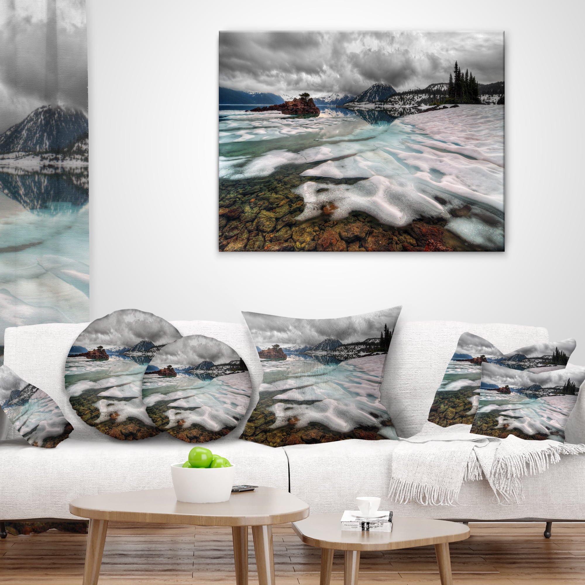 Designart Frozen Mountain Lake Shore - Landscape Printed Throw Pillow - 18x18