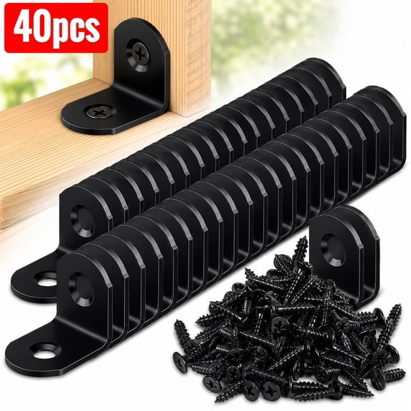 Deally 40 Pcs L Bracket Stainless Steel Corner Brace Sets, 90 Degree Right Angle Brackets with 80 Pcs Screws, L Bracket Firmware for Wooden Shelves, Chairs, Tables, Dressers, Furniture (Black)