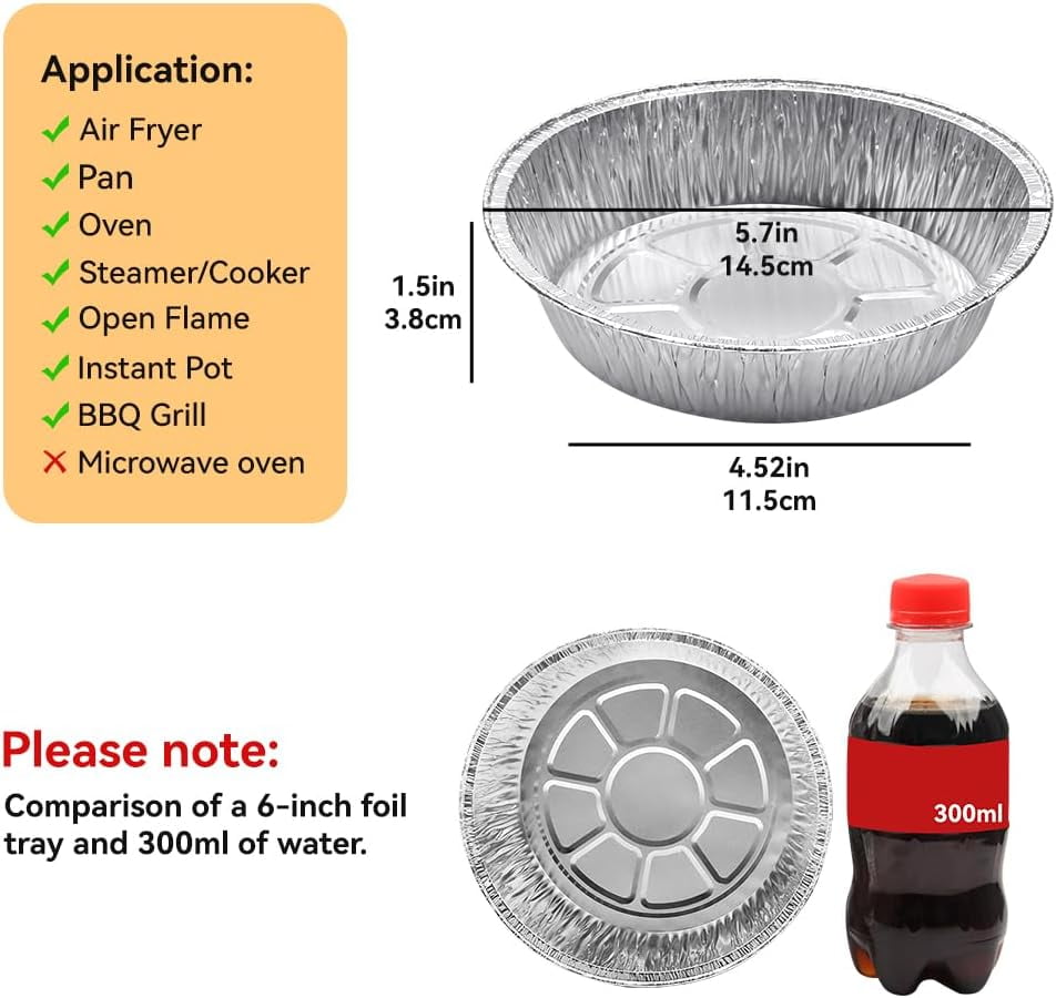 Non-Stick Round Disposable Air Fryer Aluminum Foil Liners 50PCS, Oil-Proof Aluminum Foil Tin Box Also for Steamer Basket Instant Pot Oven & Grill (6 Inch)