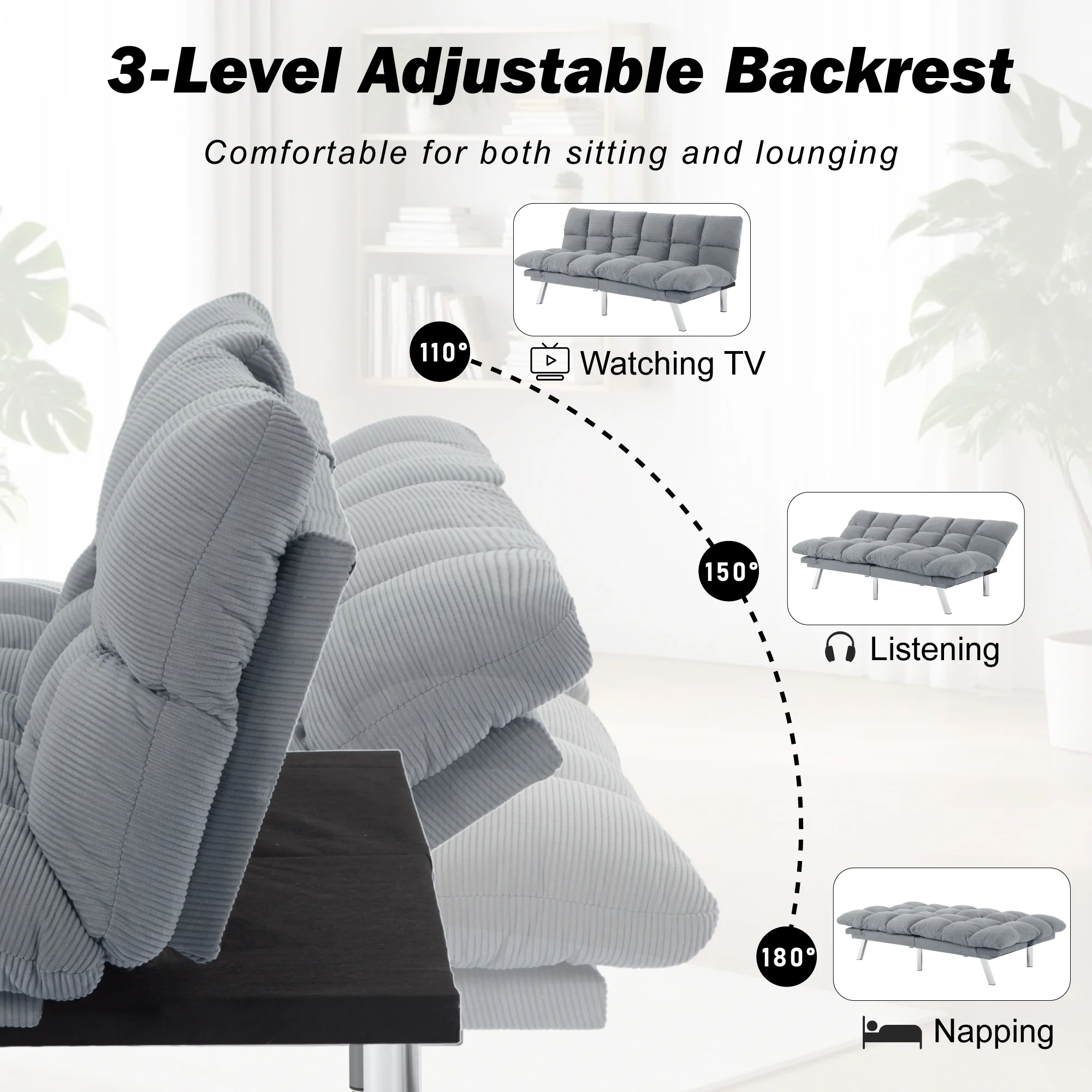 Gewnee 67.3 Inch Corduroy Convertible Sofa Bed,Upholstered Futon Couch with Adjustable Backrest,Suitable for Small Apartment,Dorm,Office,Gray