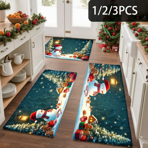 3PCS Kitchen Mat set, Welcome Door Flannel Rug,Home Decor for Front Door,Kitchen, Bathroom, Snowman Presents Christmas Tree Lights ,Great gift for Family and Friends.