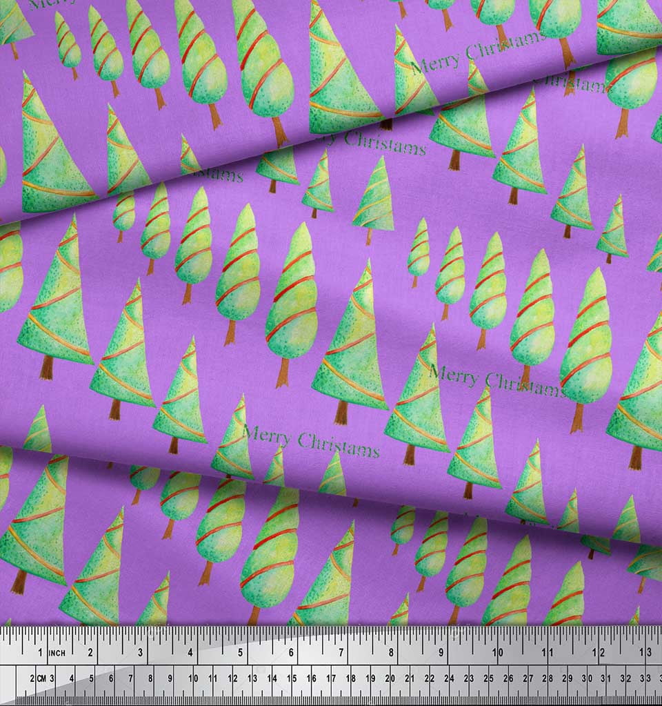 Soimoi Purple Heavy Satin Fabric Text & Christmas Tree Print Fabric by the Yard 54 Inch Wide