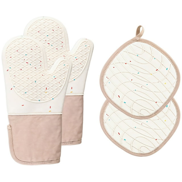 Boho Oven Mitts and Pot Holders Set Silicone Hot Pads and Oven Mitts for Baking, Cooking, and Grilling Heat Resistant Non-Slip, Stylish Mushroom Pattern Perfect Kitchen Accessories for Home Bakers