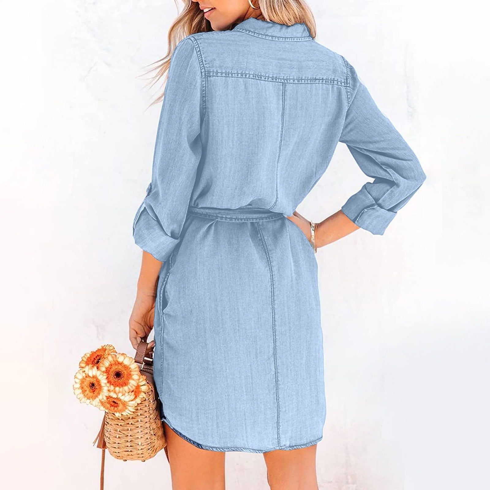 Women's Elegant Solid Color Casual Lapel Long Sleeve Nail Button Open Chest Waist Tie Denim Dress Athletic Dresses Wrap Maxi Dress Long Dress Casual for Women Long Dress for Women Summer Ruffle Dress