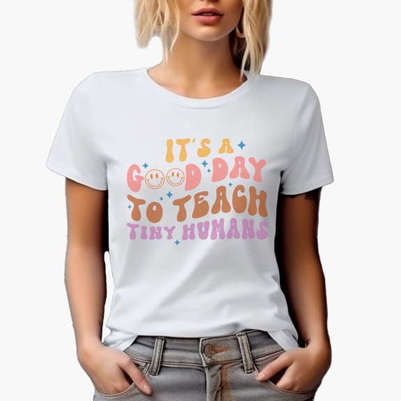 It's a Good Day to Teach Tiny Humans, Retro Groovy Wavy Text Art, Teacher Merch Gift, White T-Shirt, Small