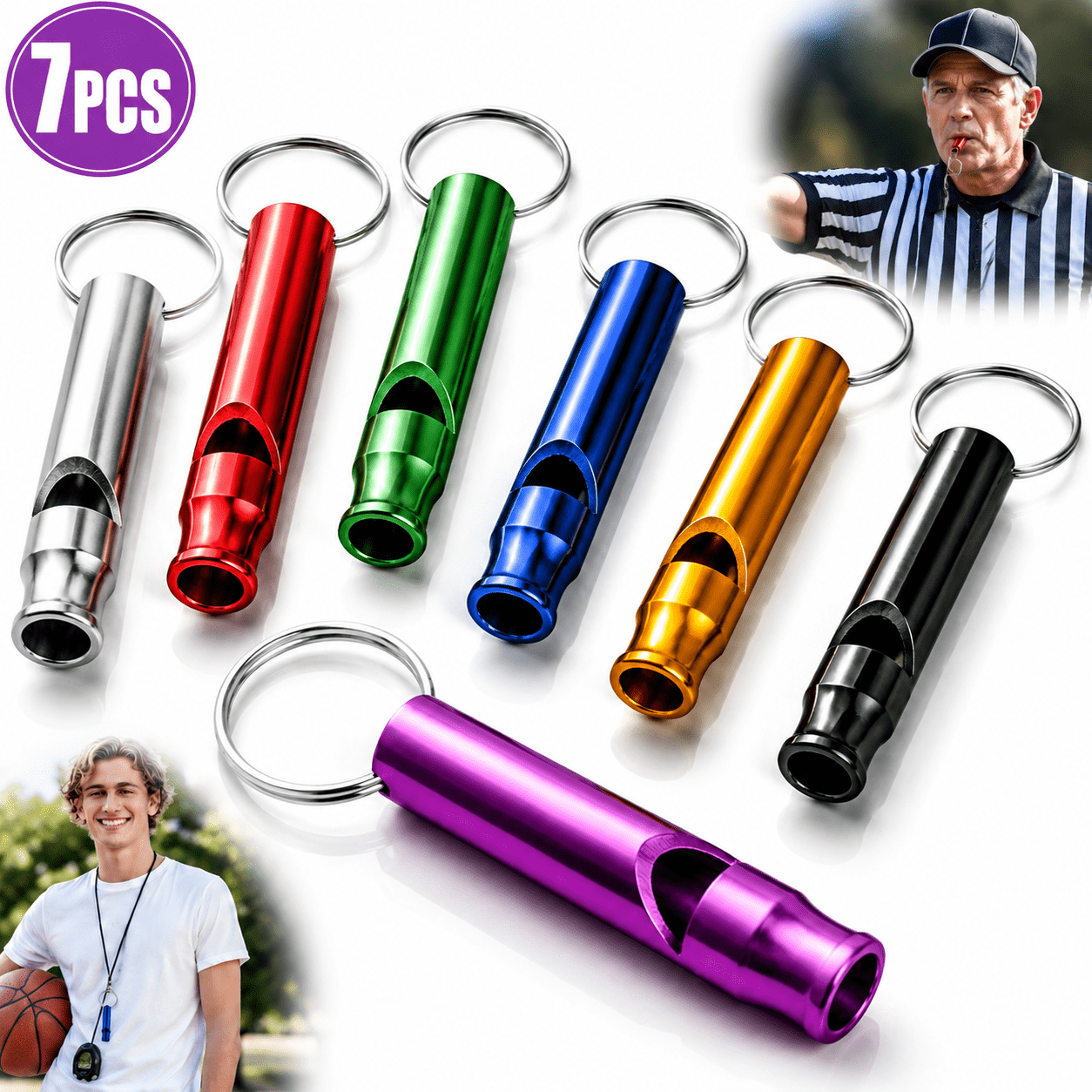 Safety Whistle, Loud Metal Whistles for Emergency, Emlimny Aluminum Keychain Signals for Coaches and Camping, 7 Pack Multi-Colors