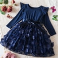thumbnail image 1 of Falda de princesa con lazo de malla bordada y cuello redondo de encaje con volantes de manga larga para niñas de Honeeladyy, para fiesta de cumpleaños (azul, 5-6 años), 1 of 4