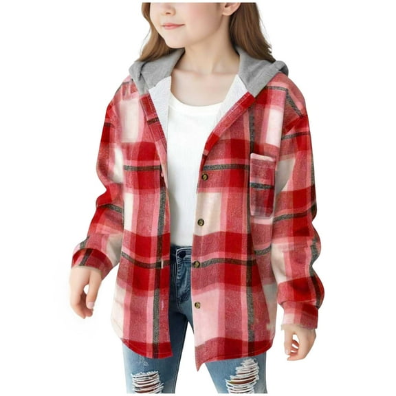 TSHXS Girls Flannel Shirt Girls Fall Clothes Girls Cute Flannel Plaid Button Down Top With Pockets Long Sleeve Hooded Jacket 4-5 Years