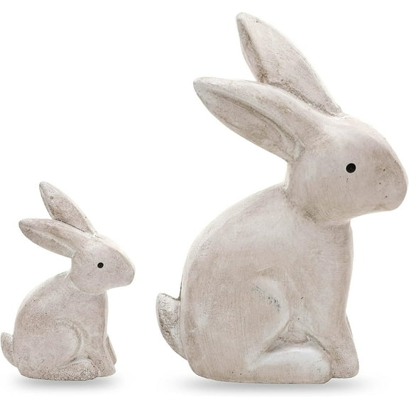 Wooden Antique White 3D Bunny Rabbit Figurines for Spring Easter Decor Gift Set of 2