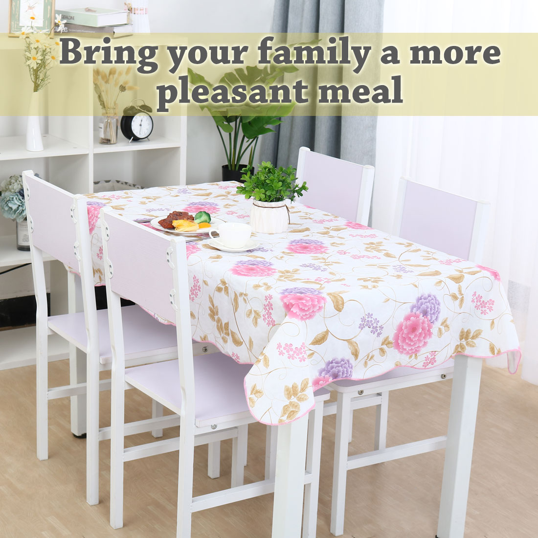 Unique Bargains Vinyl Rectangle Table Cover Purple Pink Floral Tablecloth 54" x 71"