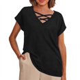 thumbnail image 2 of MIXUE Womens Summer Tops Summer Solid Color V Neck Hollow Out Short Sleeve Loose Fashion Tee Shirts Streetwear,Black,M, 2 of 4