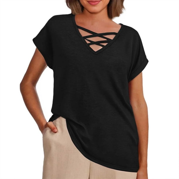 Camiseta holgada de manga corta con cuello en V lisa para mujer, poliéster spandex, top informal de verano, S-XXL